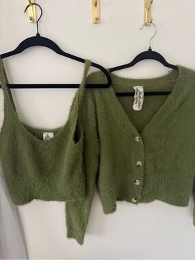 Sadie & Sage Olive Green Fuzzy Cardigan and Tank Set